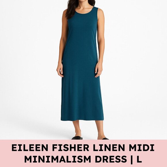 Eileen Fisher Tencel Lyocell Tank Midi Dress Teal Minimalist Capsulecore Size L - Picture 1 of 11
